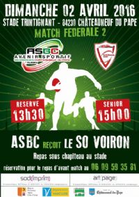 Rugby: ASBC / S.O.VOIRON. Le dimanche 2 avril 2017 à Chateauneuf-du-pape. Vaucluse.  13H30
